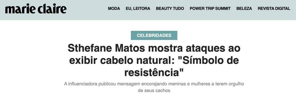 Print da matéria da Marie Claire sobre Sthefane Matos