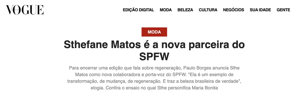 Print da matéria da Vogue sobre Sthefane Matos e o SPFW