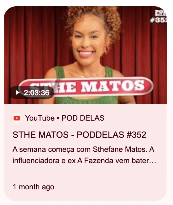 Print do episódio #352 do PodDelas com Sthe Matos no YouTube