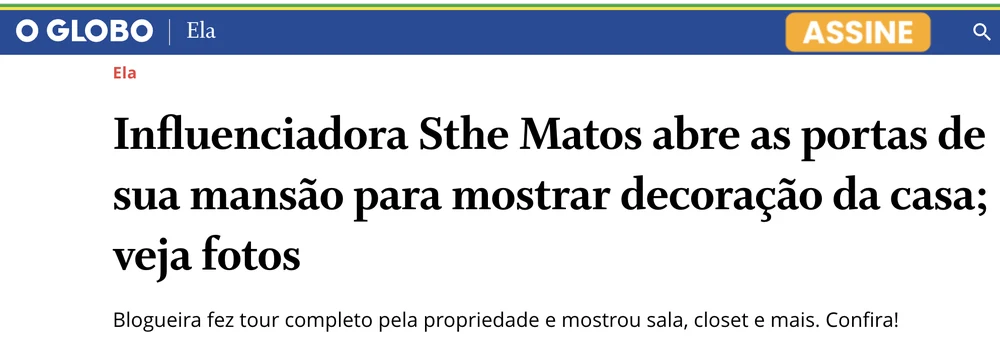 Print da matéria de O Globo / Ela sobre a casa de Sthe Matos